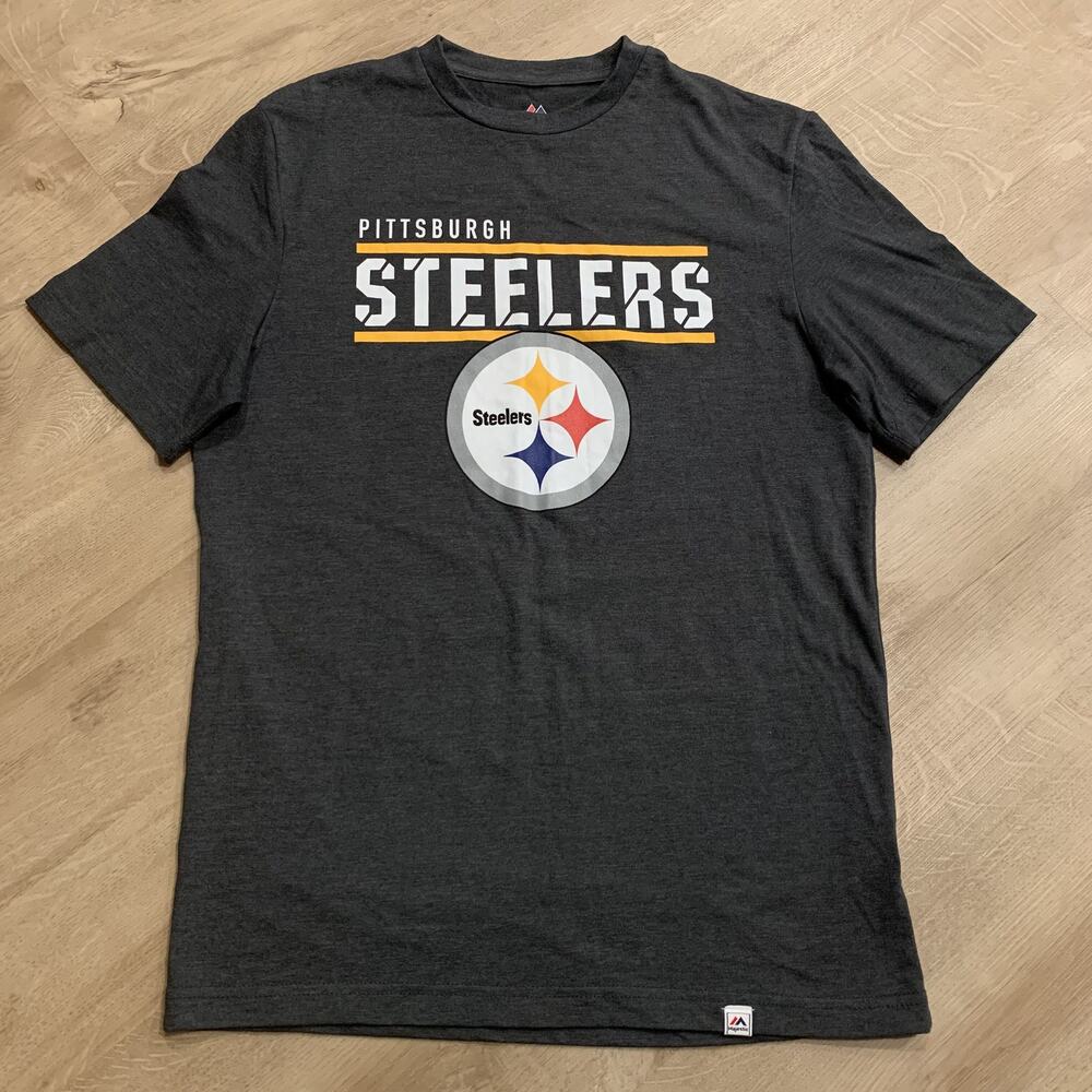 NFL Majestic Pittsburgh Steelers Football T-Shirt Men's Medium M Gray Spell Logo